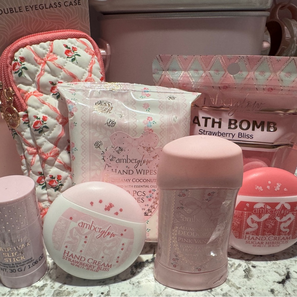 Amber Glow Pink Self-Care Bundle – Bath Bomb, Hand Creams, Deodorant, Hair Wax S
